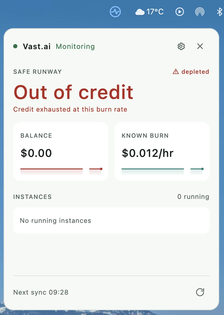 The CreditWatch popover open beneath the menu bar, showing an account whose credit has run out