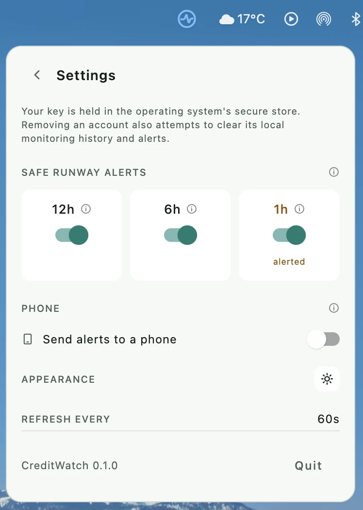 Settings showing three runway alert thresholds side by side as switches, and a phone alert toggle