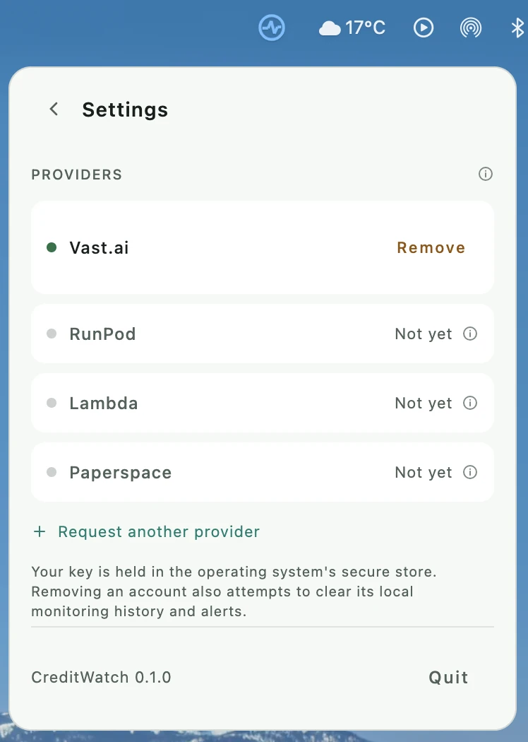 Settings listing Vast.ai as connected, with RunPod, Lambda and Paperspace marked unavailable